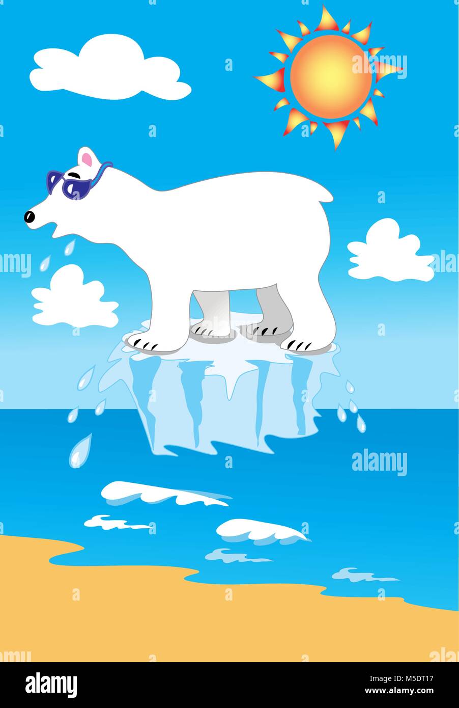 Un cartoon raffigurante il riscaldamento globale. Un orso polare indossando occhiali da sole è soffocante sotto un sole ardente mentre gli iceberg è in piedi è di fusione rapida Illustrazione Vettoriale