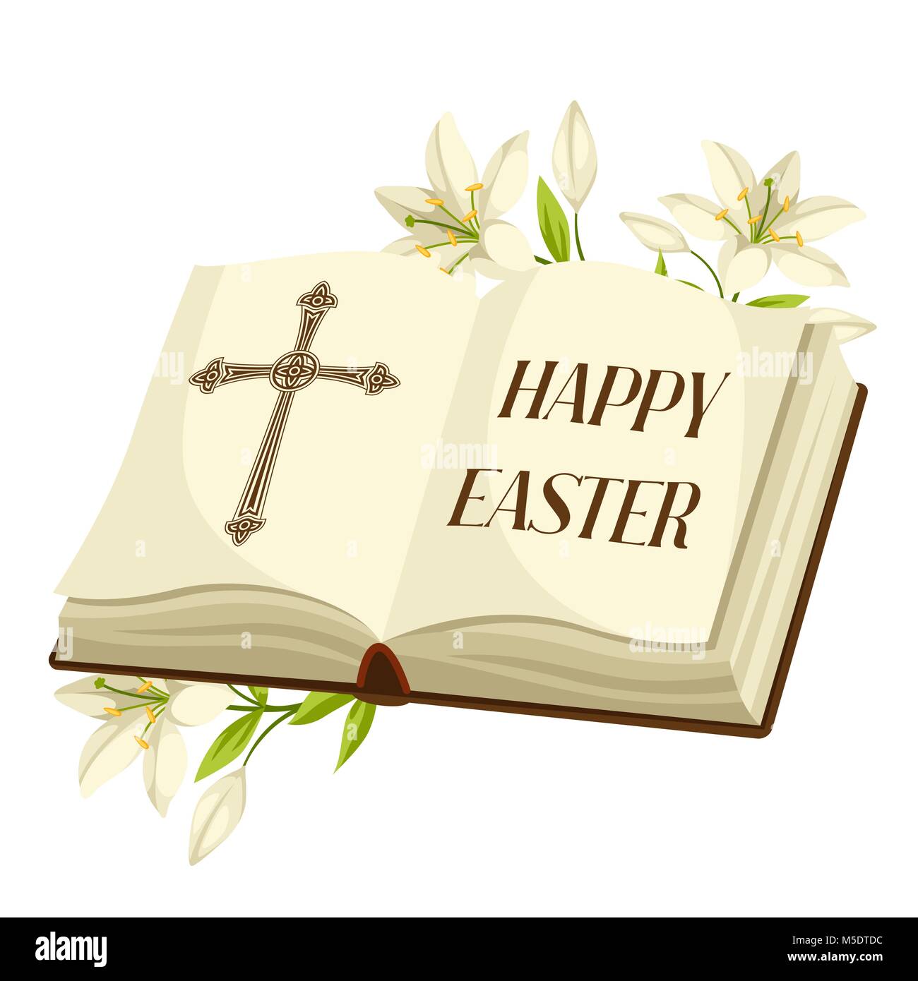 Aprire la bibbia con gigli. Felice Pasqua concetto illustrazione o biglietto di auguri. Simboli religiosi della fede Illustrazione Vettoriale