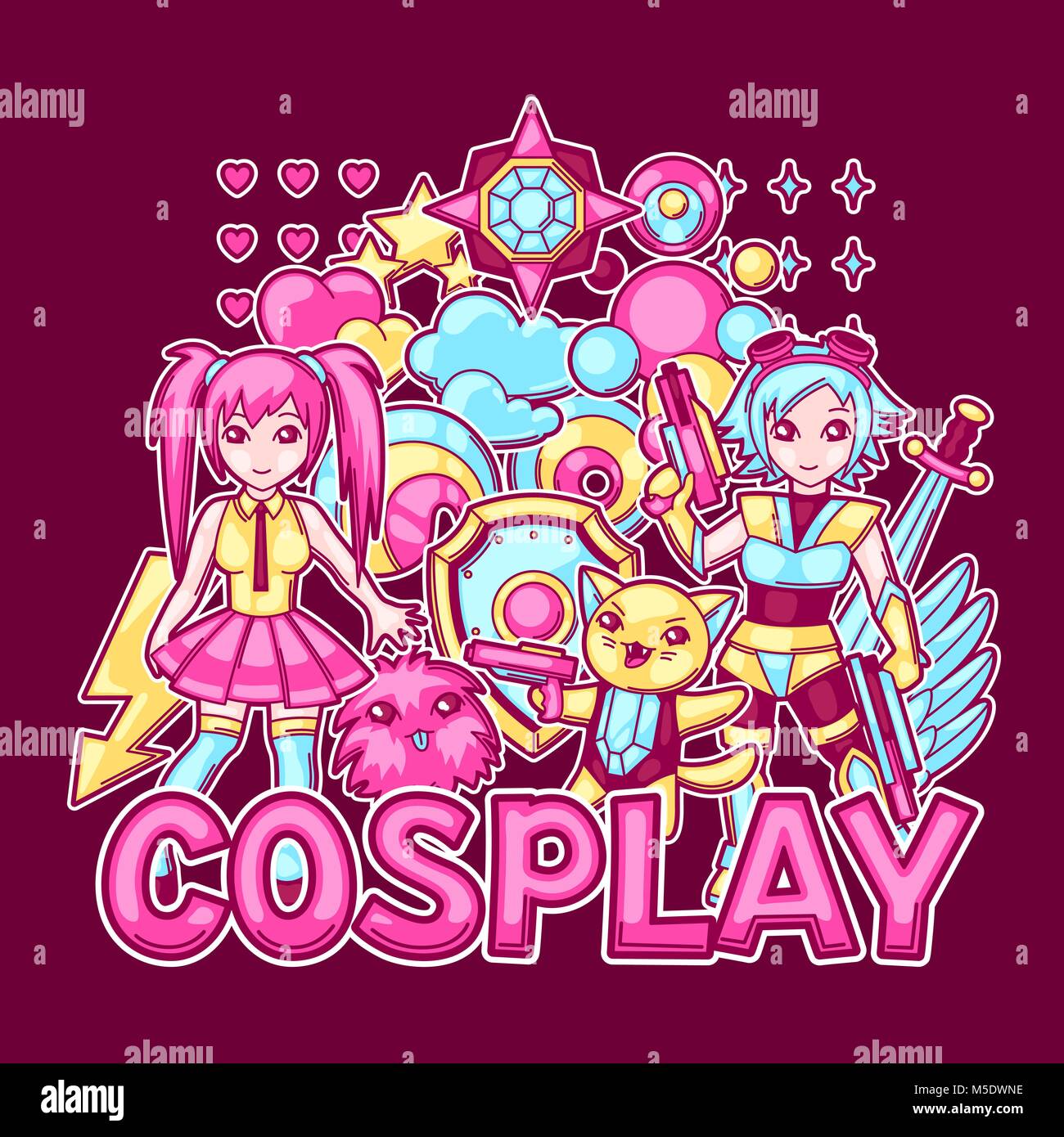 Anime giapponese cosplay stampa. Carino kawaii personaggi e oggetti Illustrazione Vettoriale