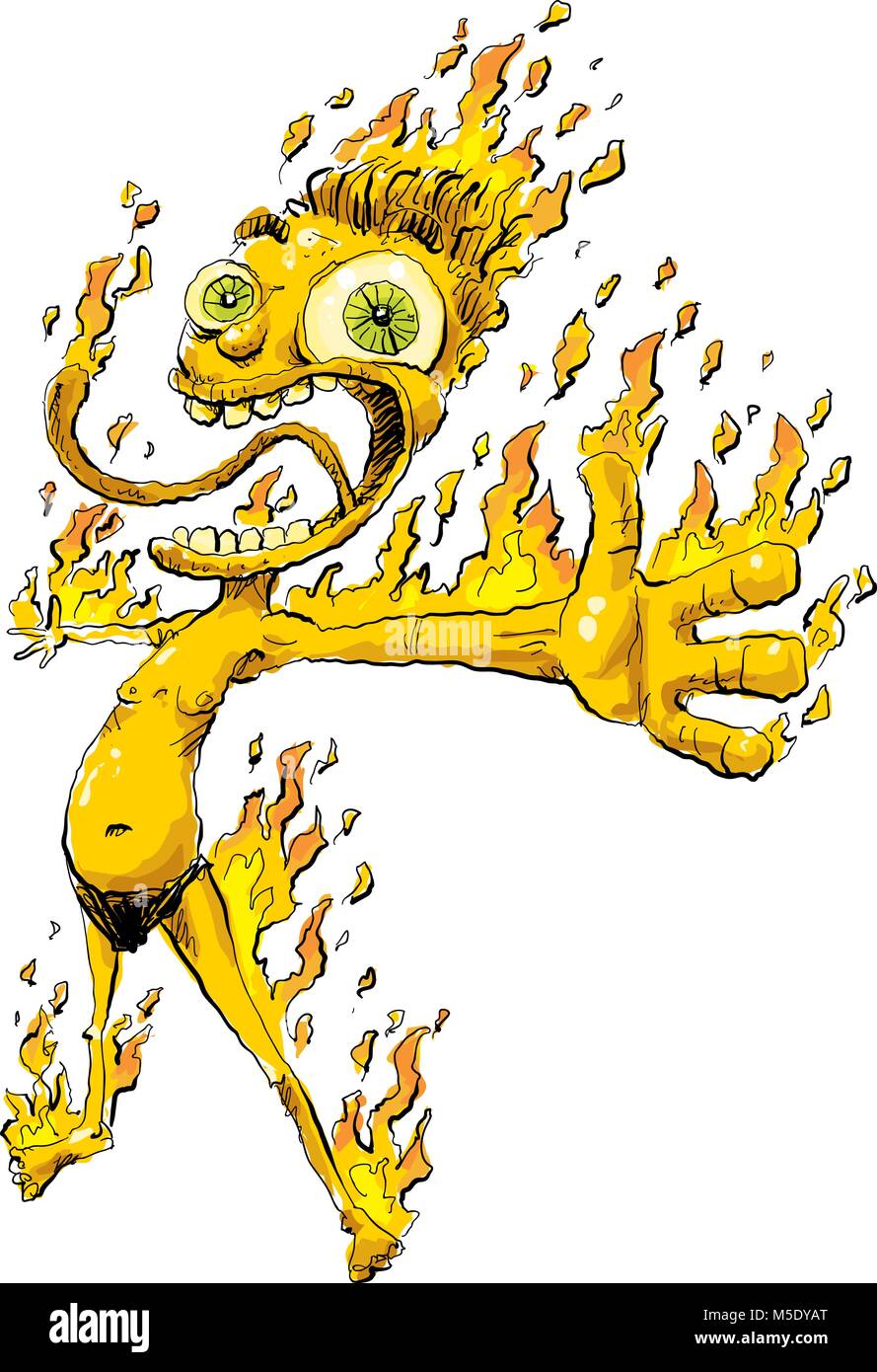 Un cartoon l uomo che è così caldo e fantastico che egli è sul fuoco con fiamme sul suo corpo. Illustrazione Vettoriale