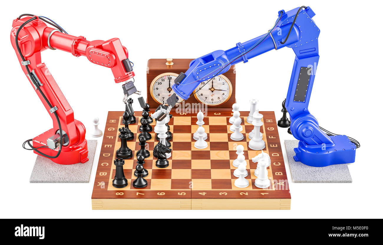 Robot giocando a scacchi concetto, 3D rendering isolati su sfondo bianco Foto Stock