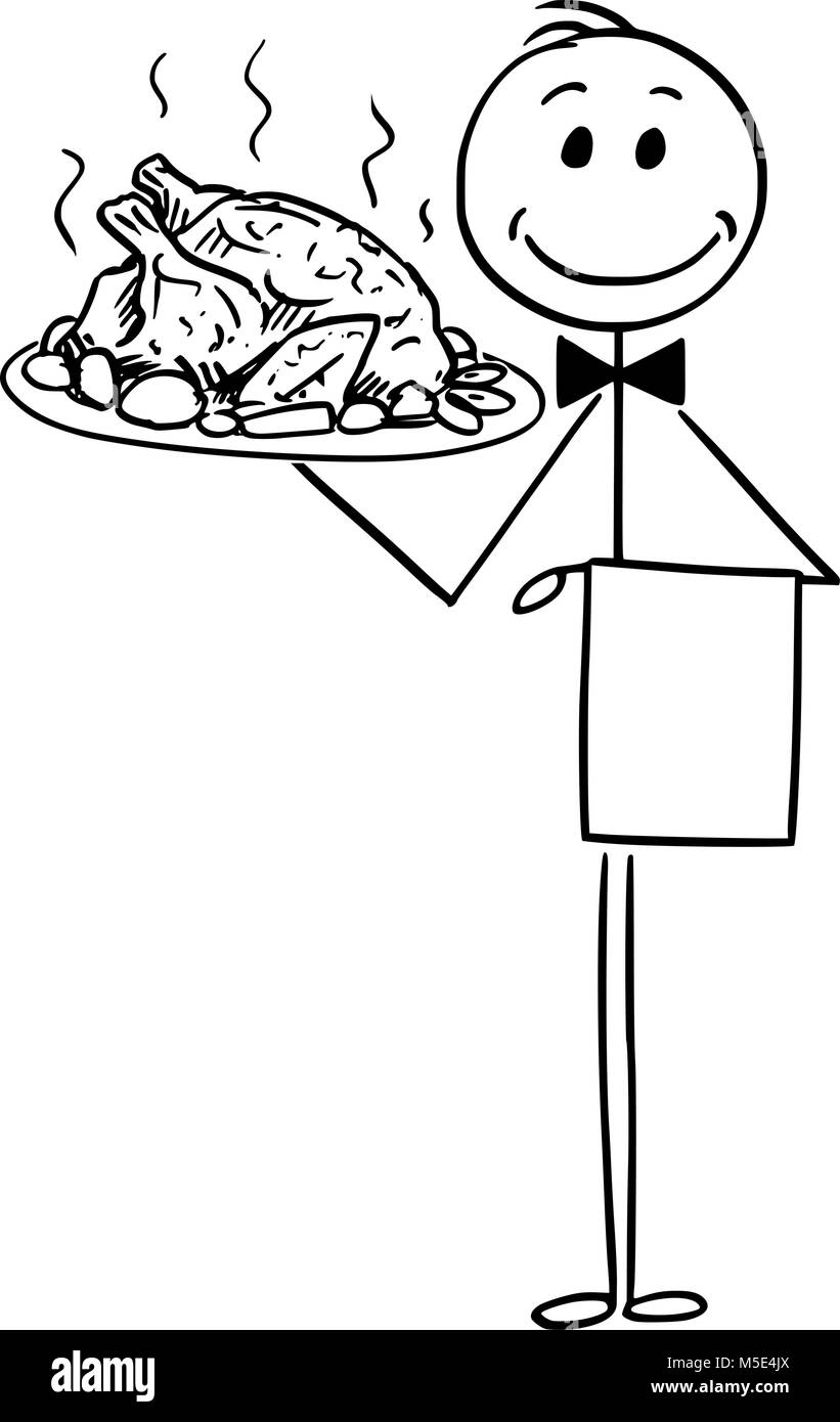 Cartoon di cameriere tenendo la piastra di argento o vassoio con pollo arrosto o in Turchia Illustrazione Vettoriale