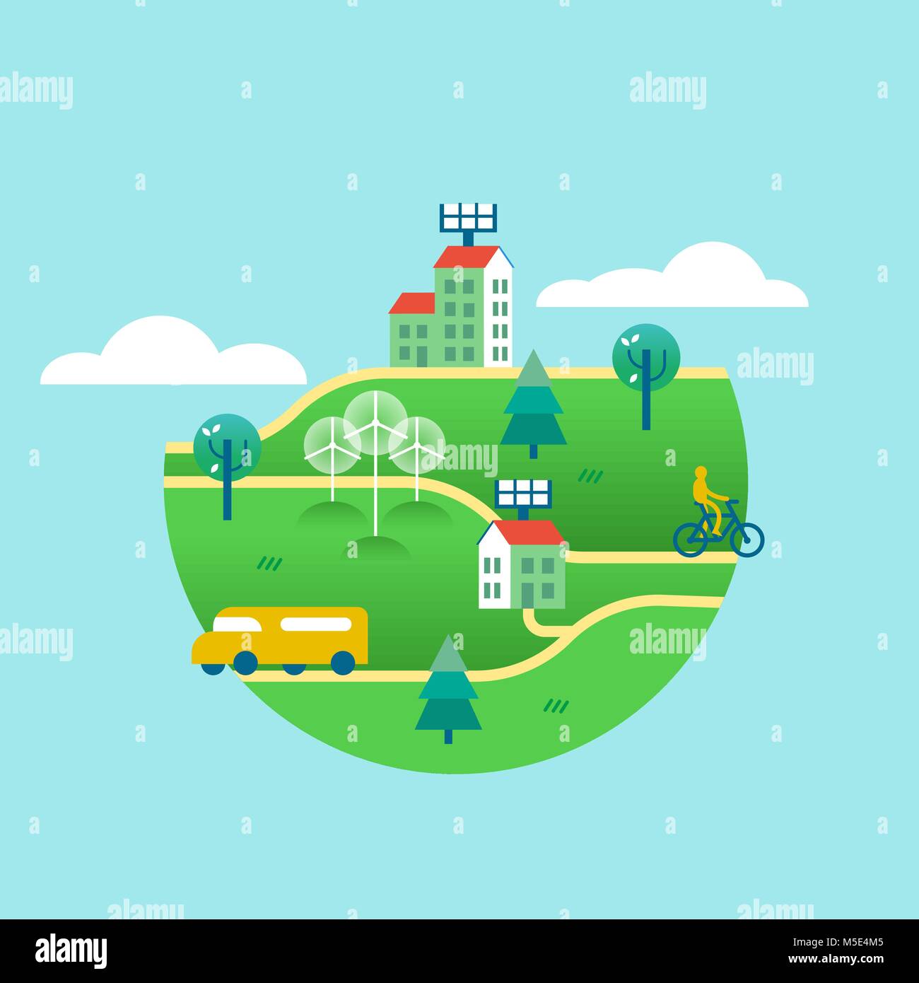Mondo verde concetto illustrazione, eco friendly città con pannelli solari in case, le turbine eoliche, i mezzi di trasporto pubblico e biciclette. Appartamento in stile art design per Illustrazione Vettoriale