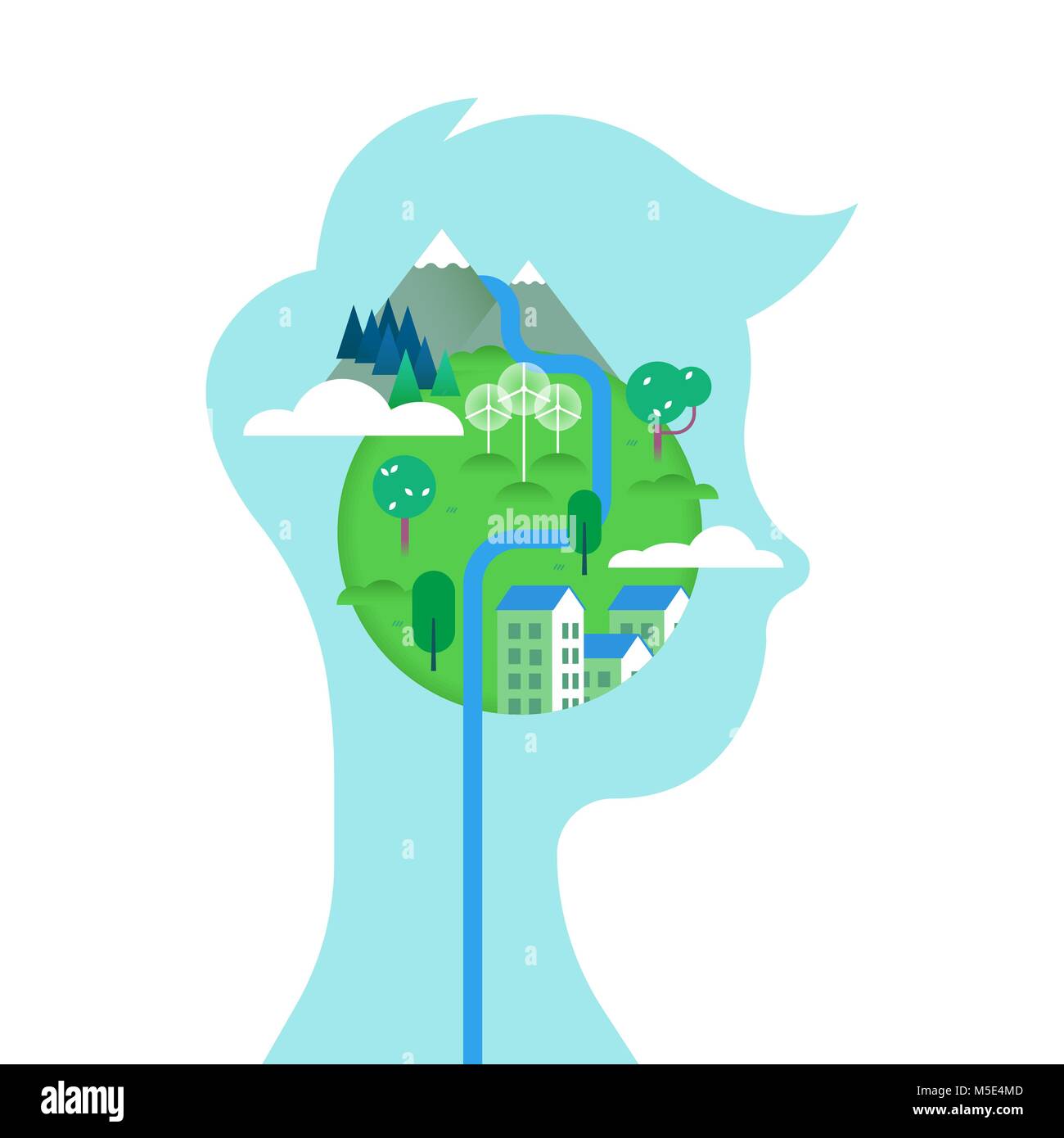 Pensare verde concetto illustrazione. Ragazzo profilo testa con terra mondo interno. Cura ambientale progettazione del paesaggio di montagna, turbine eoliche, sustainabl Illustrazione Vettoriale