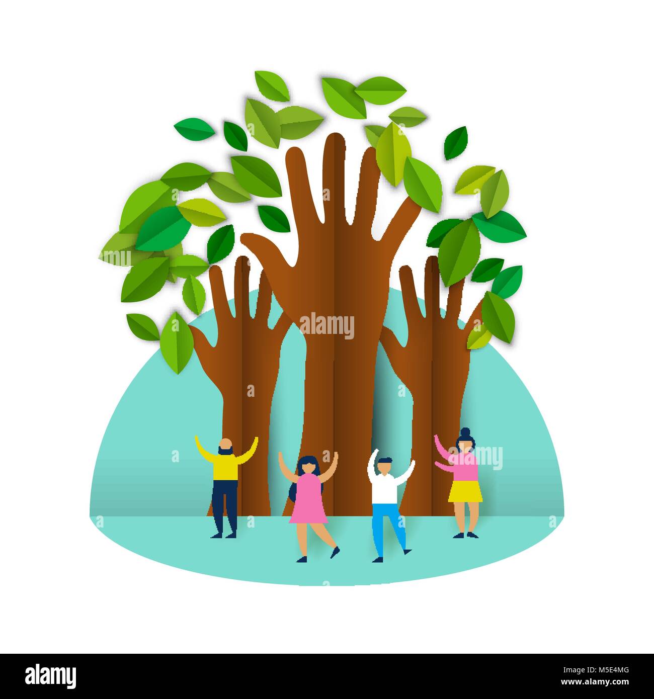 Eco friendly people concetto di gruppo di illustrazione in carta tagliata stile, happy amici o familiari con la mano la forma di alberi per celebrare la conservazione dell'ambiente. Illustrazione Vettoriale