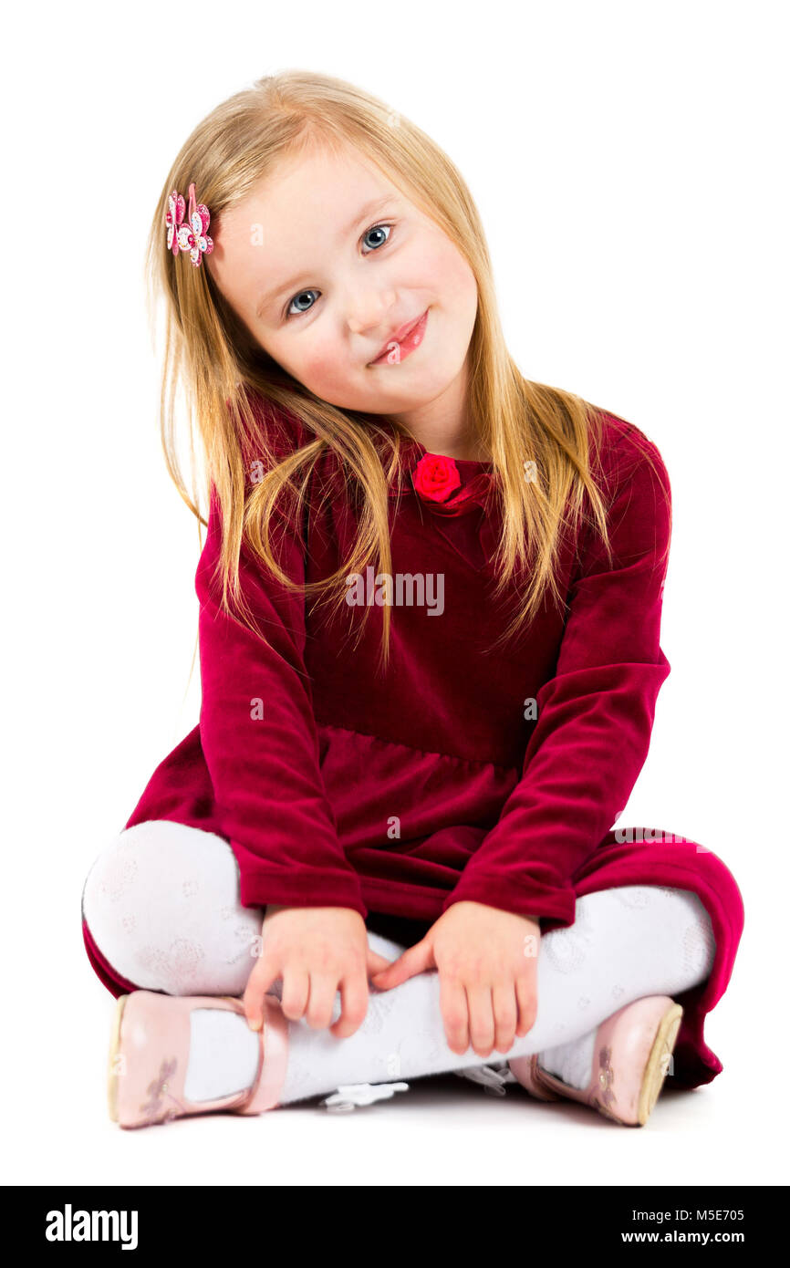 Ritratto di una bellissima bambina su sfondo bianco Foto Stock