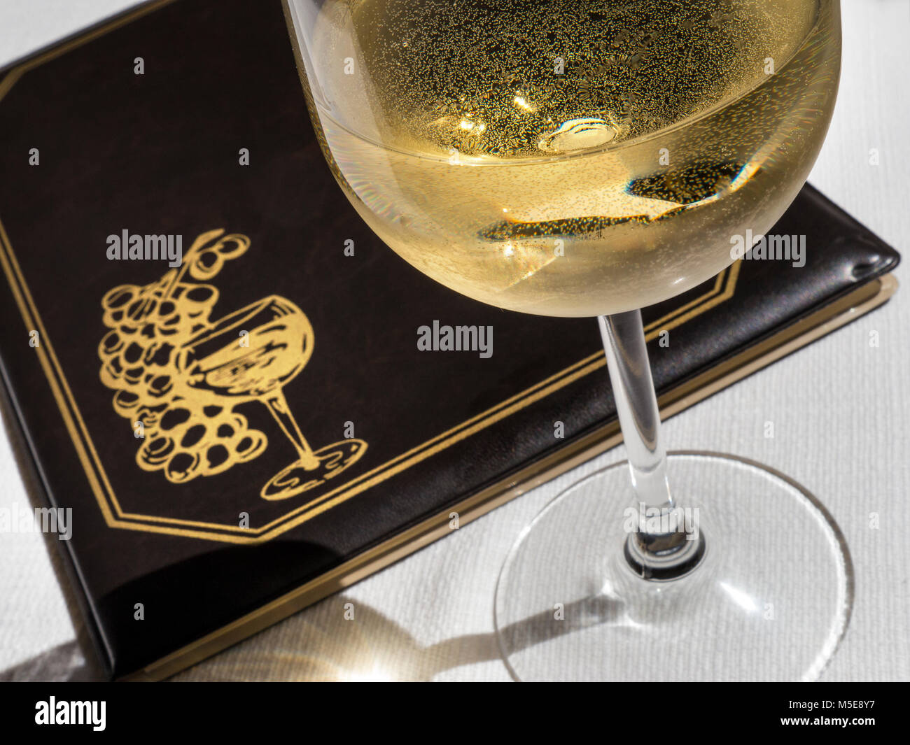 Bicchiere di vino bianco e lista di vini scelta di varietà su luce solare soleggiata all'aperto terrazza all'aperto tavolo da ristorante all'aperto Foto Stock