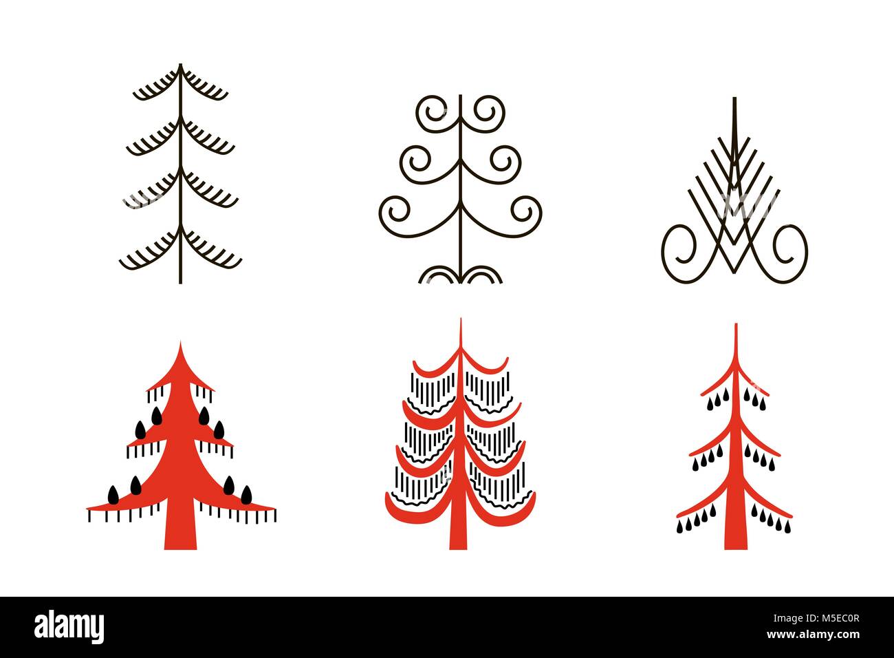 Set di sei alberi rossi. National northen dipinti. Artigianato popolare. Incantevole ornamenti originali. Semplicità. flat rovere, frassino, pino, abete, betulla, lar Illustrazione Vettoriale