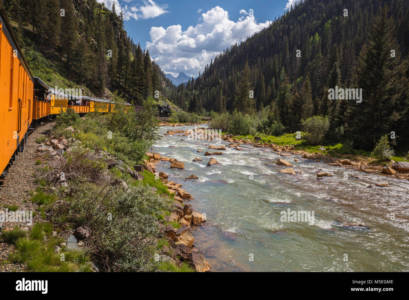 E Durango Silverton Narrow Gauge Railroad lungo il Fiume Animas, San Juan Mountains, Colorado Foto Stock