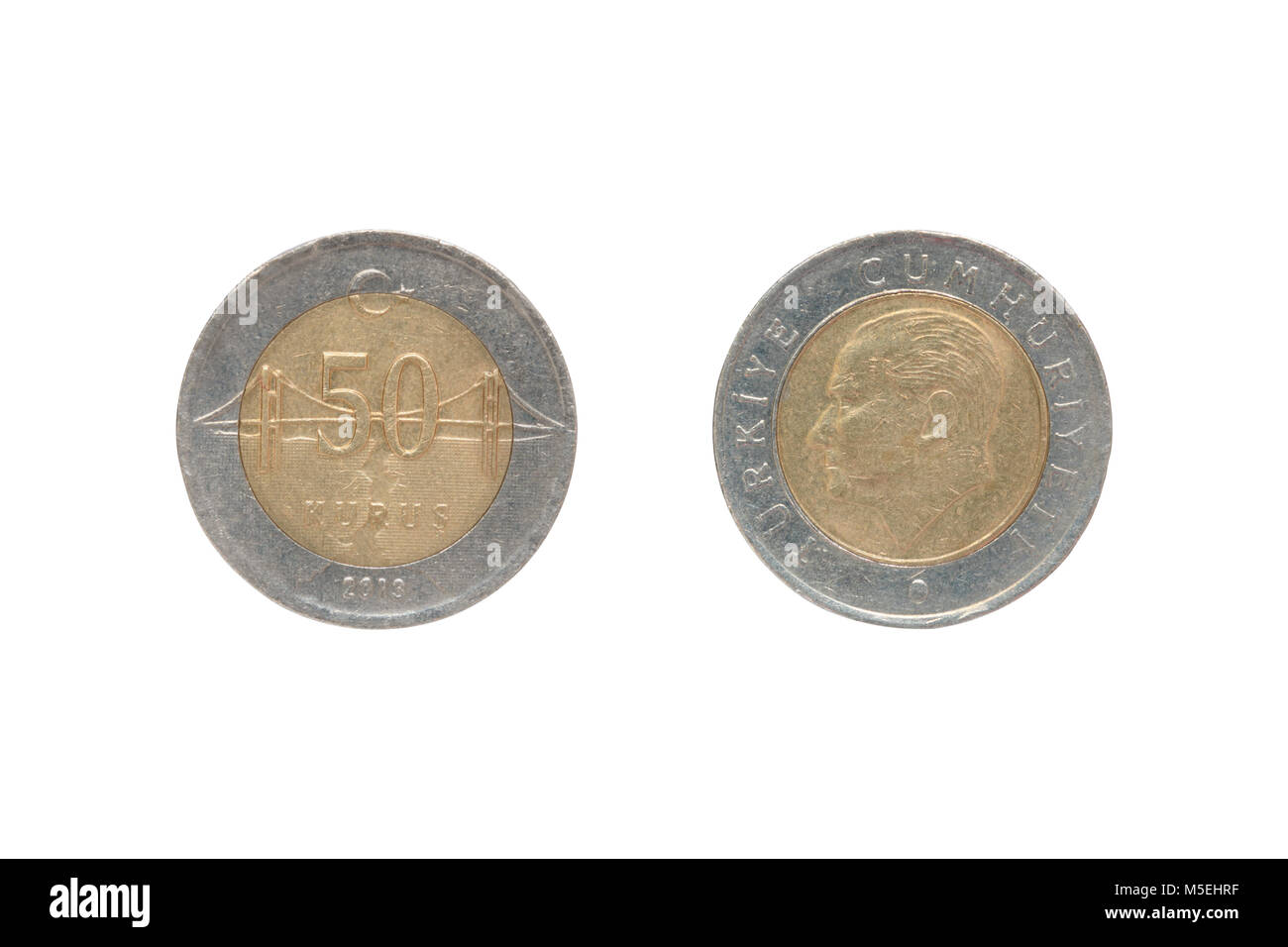 Cinquanta kurush turco moneta isolato su sfondo bianco Foto Stock