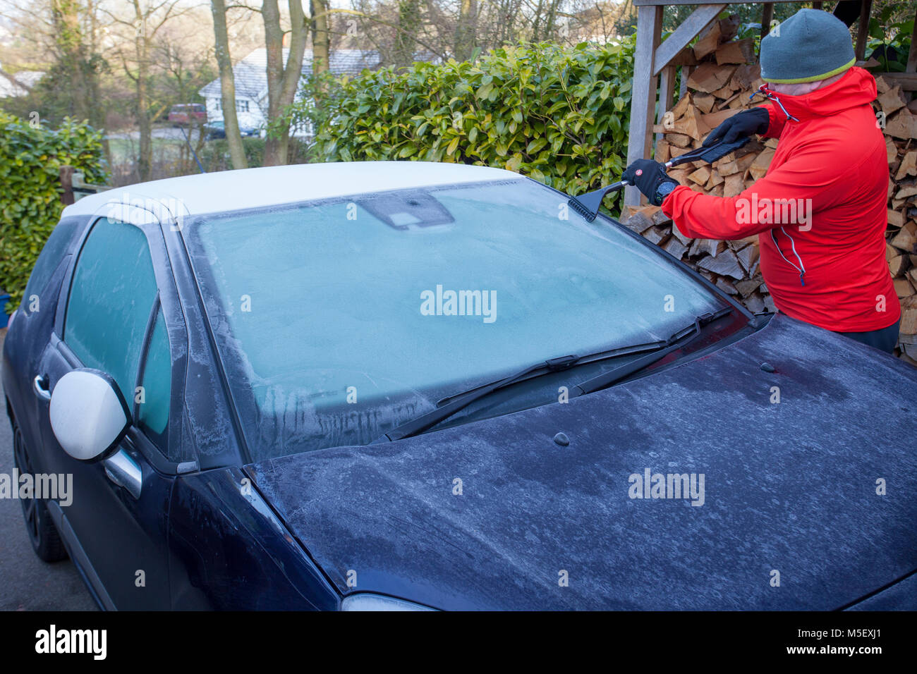 Flintshire, Wales, Regno Unito 23 febbraio 2018, UK meteo: Le temperature sono già cominciando a cadere come un artico massa aria si dirige verso il Regno Unito denominato "la bestia da est "portando con sé molto freddo e neve nei prossimi giorni. Molti oggi si iniziano a sentire la come temperature è scesa ben al di sotto del congelamento la scorsa notte. Una persona di ghiaccio di raschiatura di un parabrezza di automobile nel freddo e gelido meteo completo da indossare abbigliamento invernale, Lixwm, Flintshire © DGDImages/Alamy Live News Foto Stock