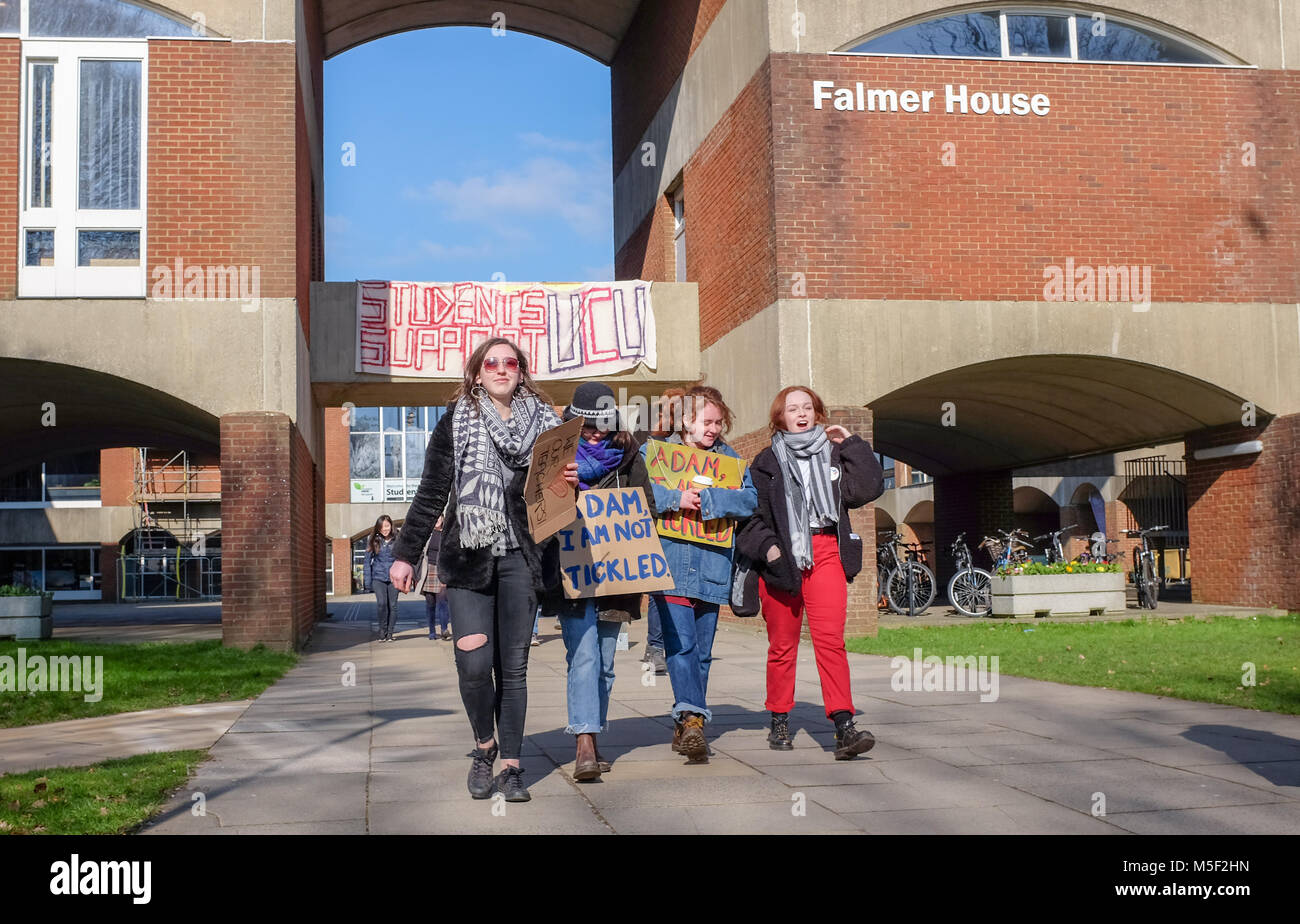 Brighton, Regno Unito. Il 23 febbraio, 2018. Gli studenti stanno sostenendo il walkout da docenti presso la University of Sussex a Brighton il secondo giorno di sciopero dall Università e College di unione (UCU) in tutta la Gran Bretagna fotografia scattata da Simon Dack Credito: Simon Dack/Alamy Live News Foto Stock