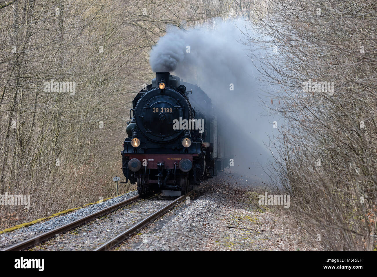 Treno a vapore storico guida a piena velocità attraverso una foresta invernale Foto Stock