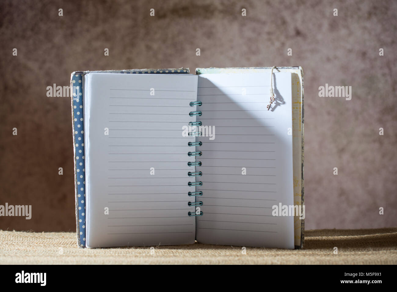 Vuoto per notebook rivestito su un marrone creative sfondo sfocato Foto Stock