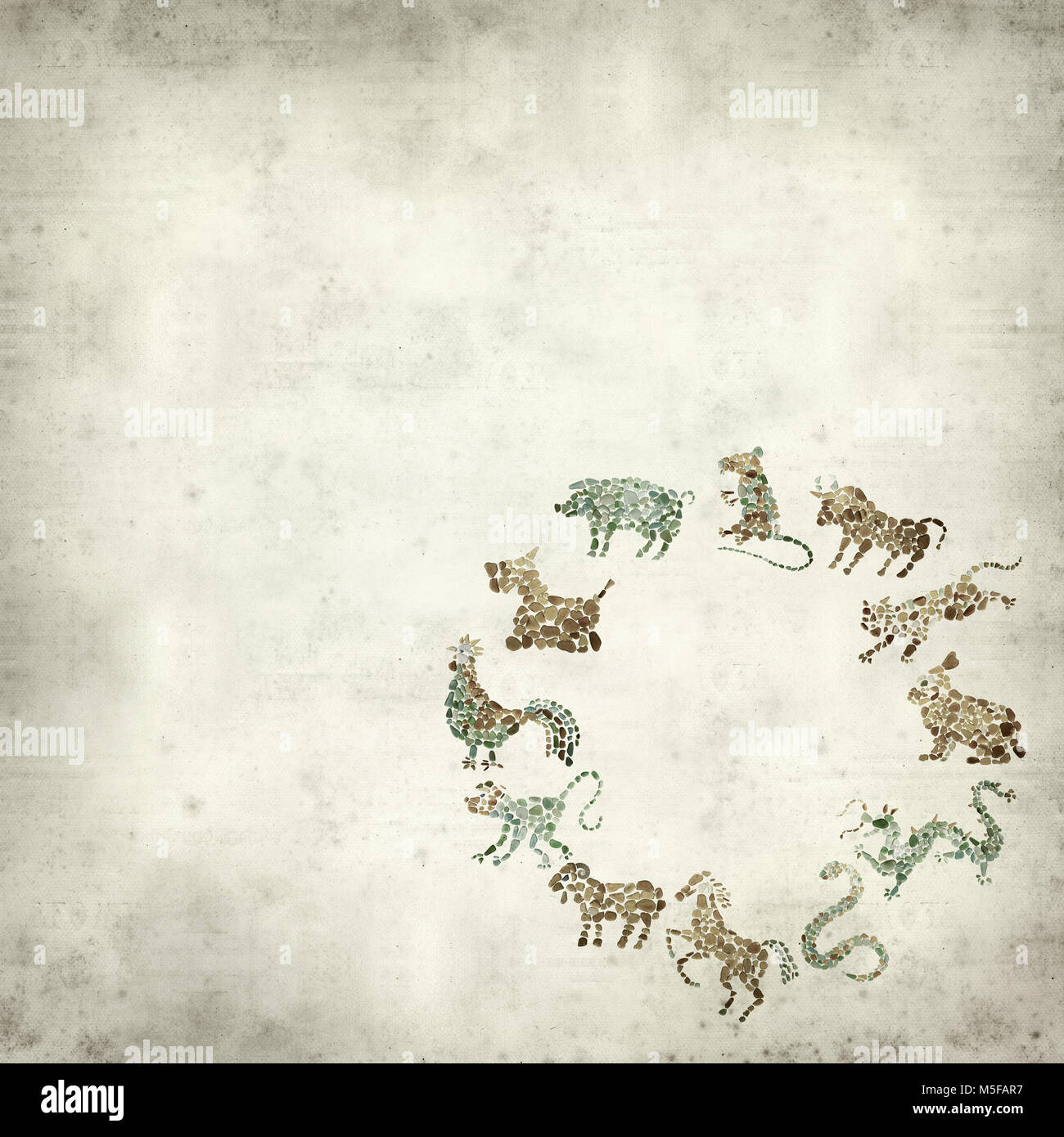 Textured vecchia carta sfondo con oroscopo cinese animali cerchio Foto Stock