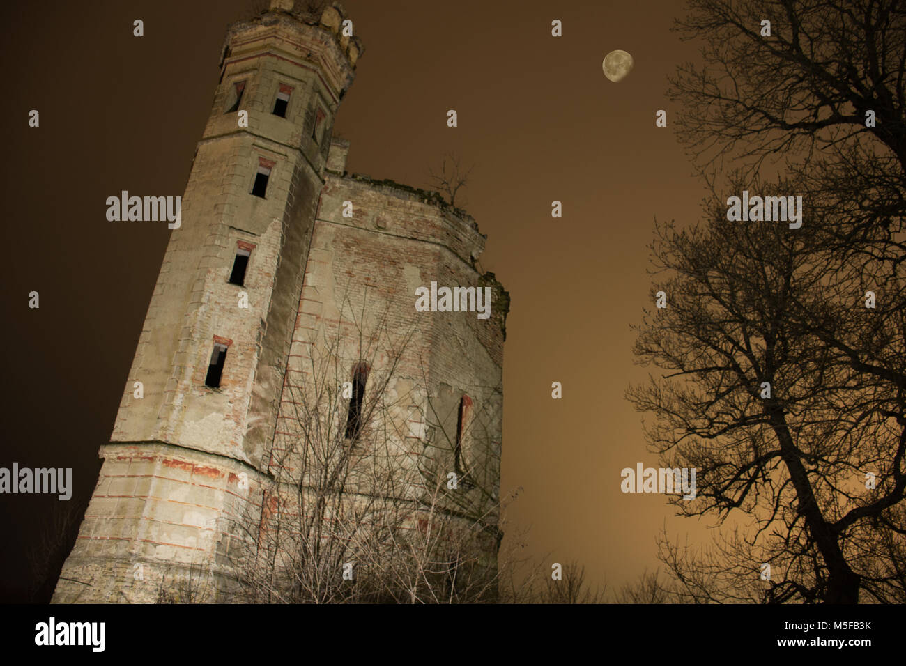 Scary vecchio castello con luna e albero in ombra Foto Stock