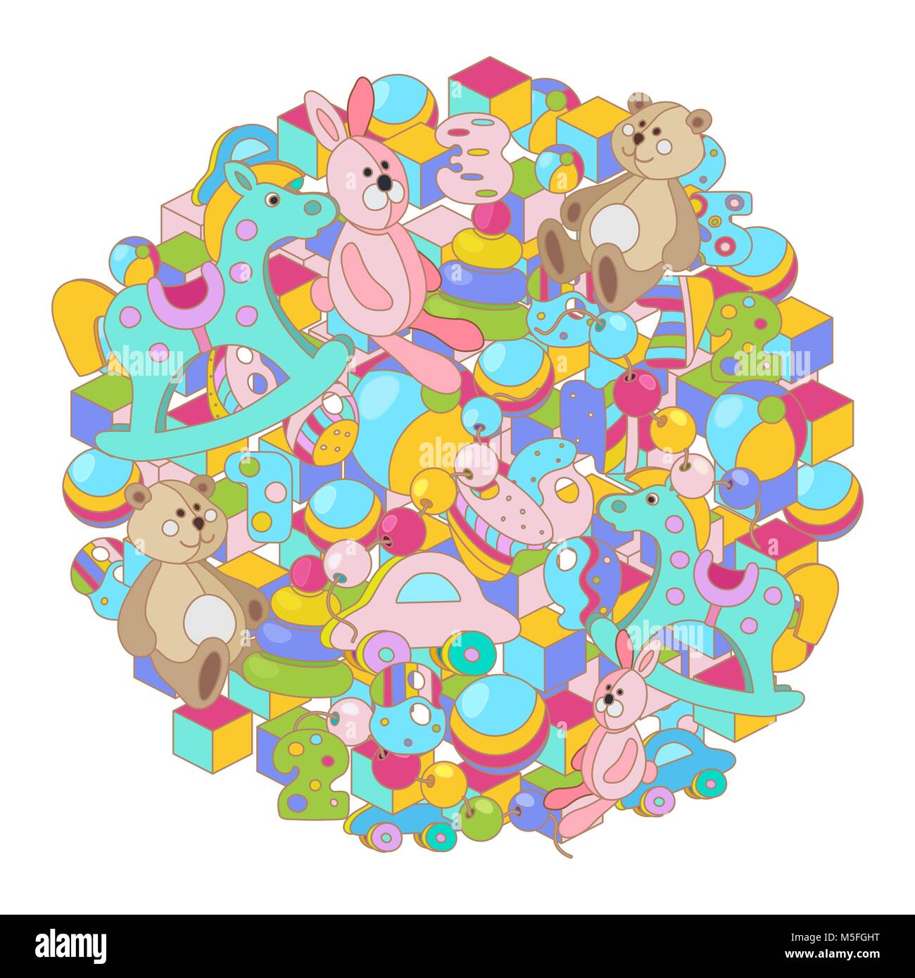 Coloratissimo cartoon scarabocchi Baby toy illustrazione vettoriale. Round foto con un sacco di Teddy bear, cavallo a dondolo, coniglio, toy blocchi, le sfere e le lettere. Al Illustrazione Vettoriale