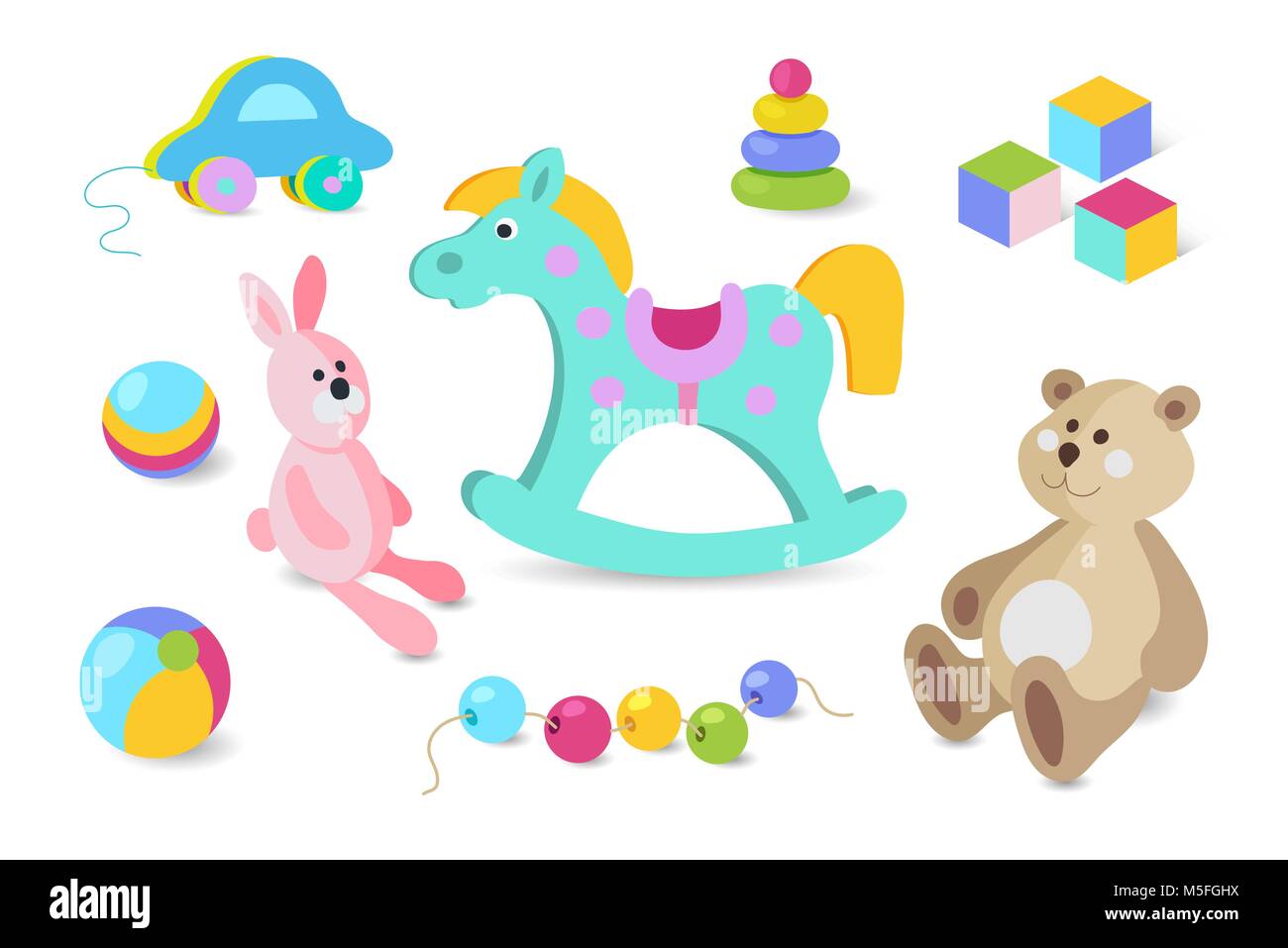 Giocattoli per bambini in stile cartoonesco vettore colorati set di icone. Illustrazione Vettoriale