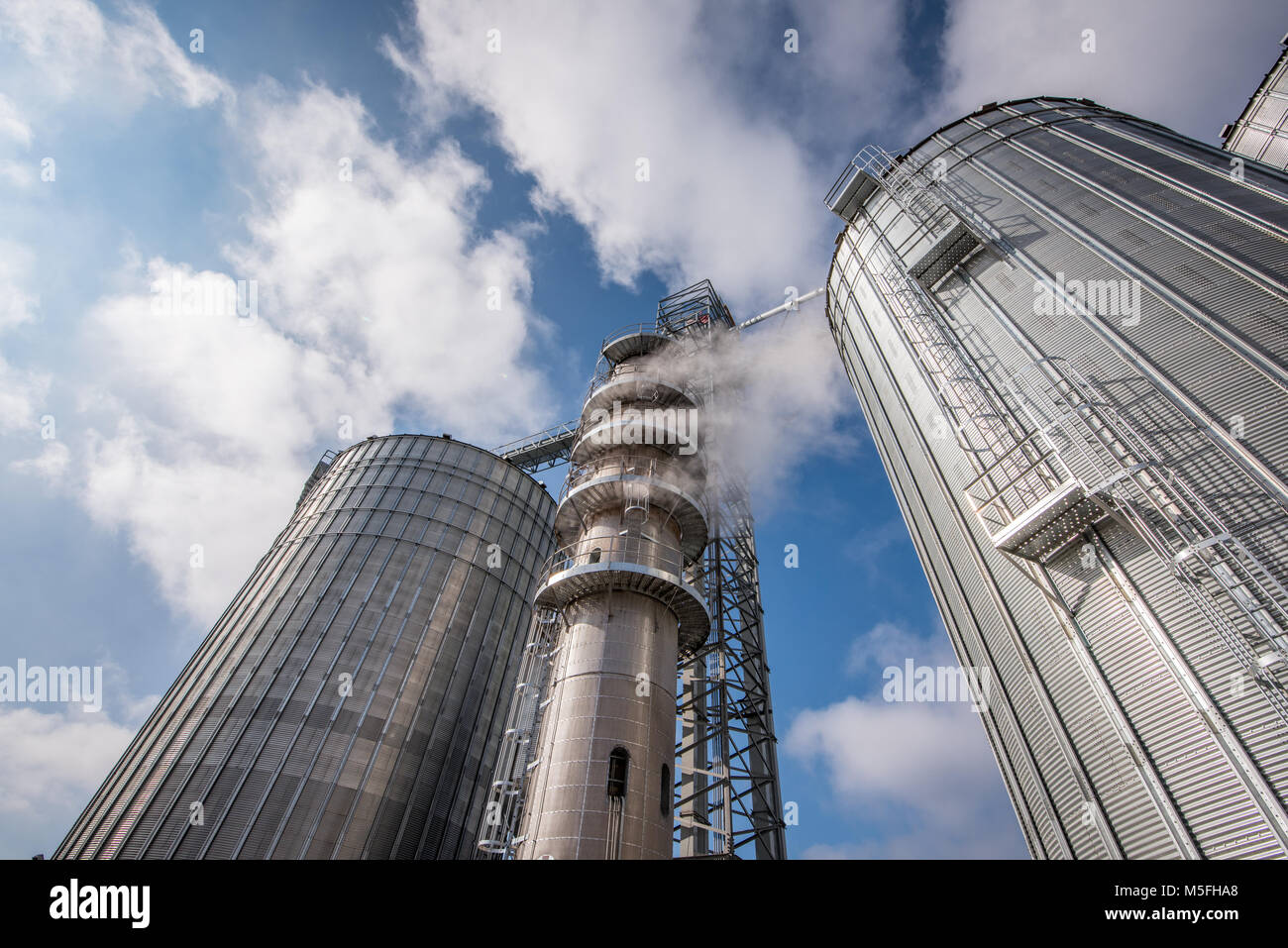 Guardando il muggito di vapore dalla grana essiccatore accanto al silo memorizzando i fagioli di soia, Pennsylvania Foto Stock