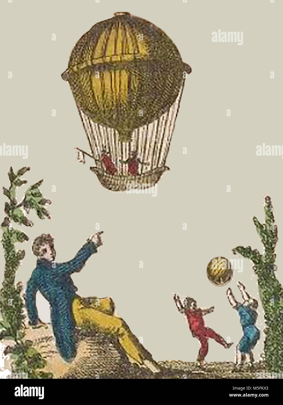 Aeronautica storico, palloncini e macchine volanti - un inizio di illustrazione dei bambini che giocano con una palla come un palloncino precoce galleggianti al di sopra di esse Foto Stock