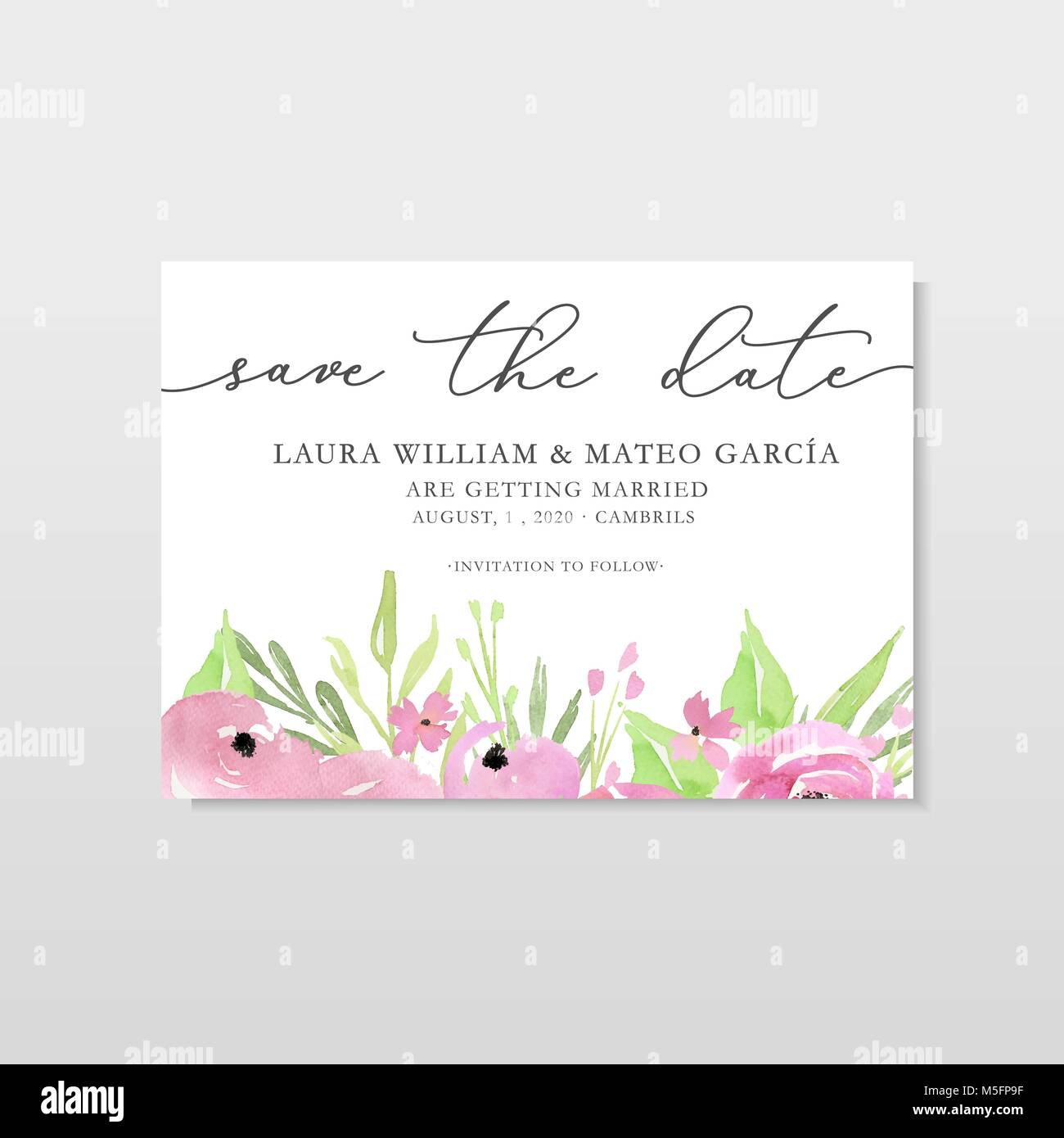 Salvare il modello di data con acquerelli di fiori di colore rosa e foglie, modello di carta a mano con fiori disegnati, illustrazione, matrimonio. Illustrazione Vettoriale