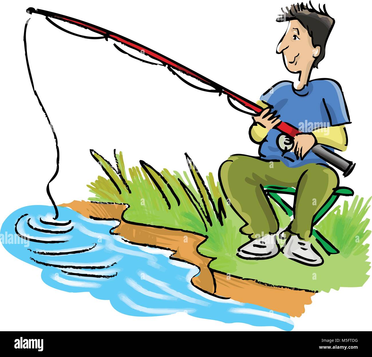 Un cartoon uomo o boysitting su uno sgabello pieghevole, pesca accanto a una banca di fiume Illustrazione Vettoriale