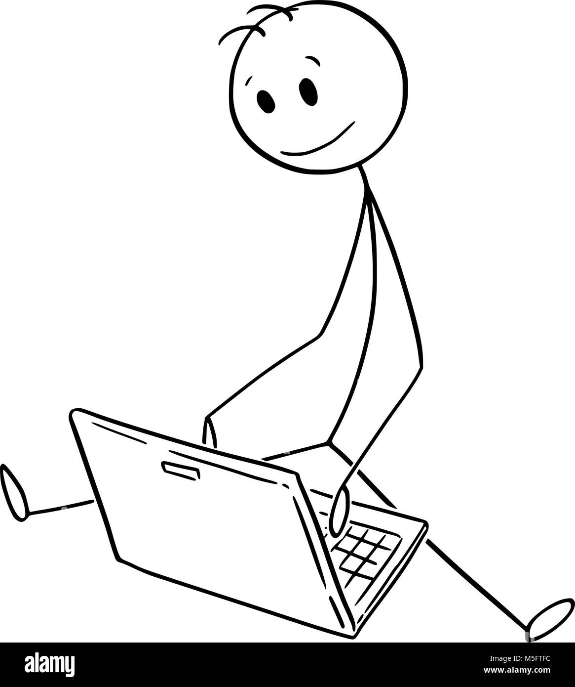 Cartoon di uomo o imprenditore seduto sul terreno e lavorando su laptop Notebook Illustrazione Vettoriale