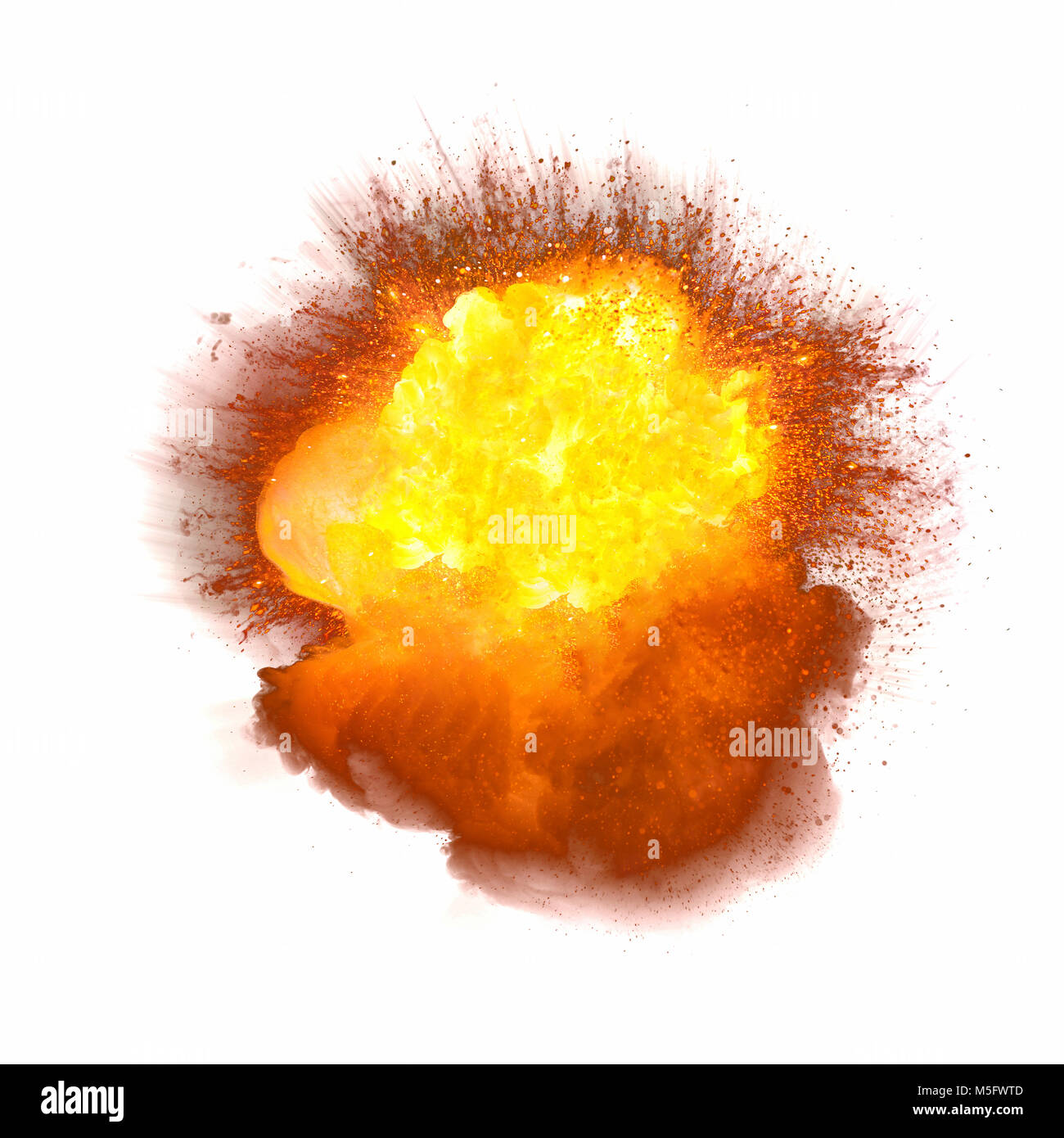 Arancione realistica esplosione fiery scintille con isolati su sfondo bianco Foto Stock