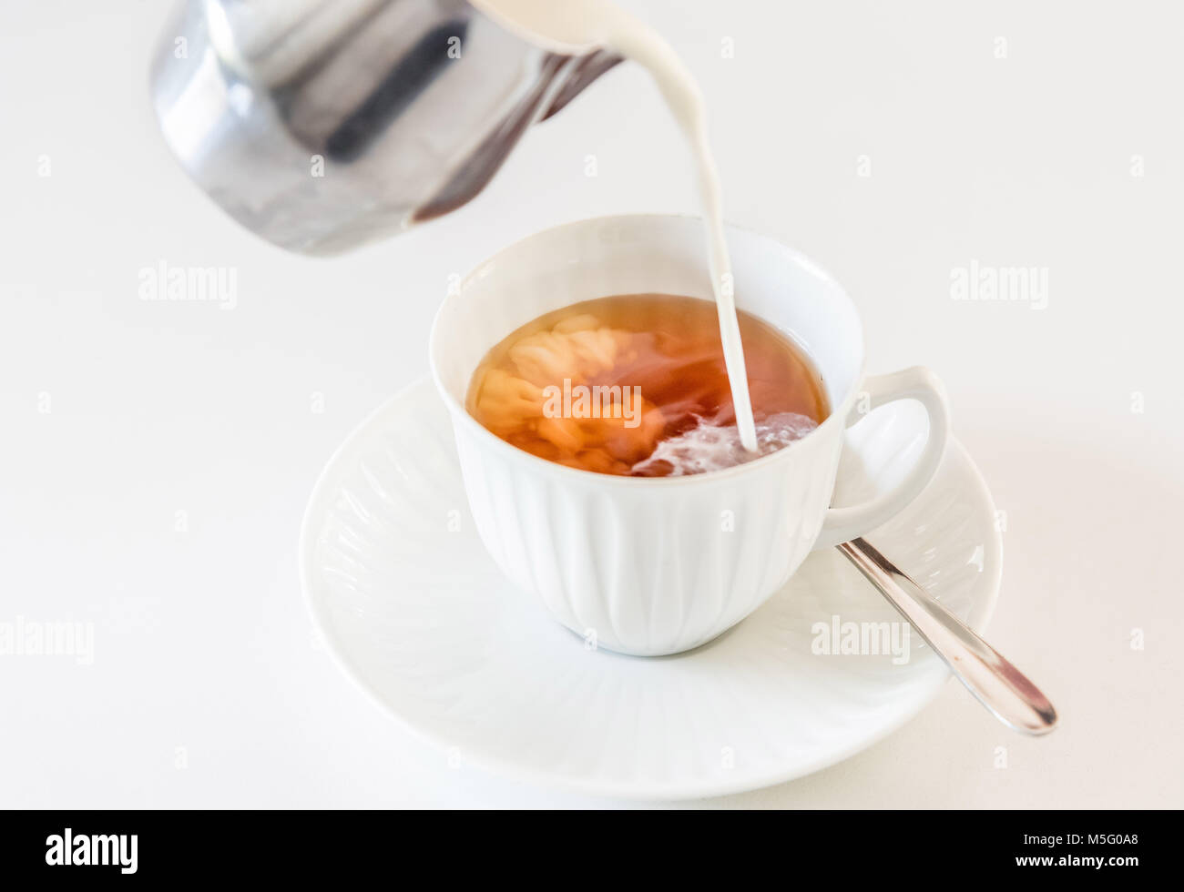 Versare il latte nel tè, sfondo bianco, il fuoco selettivo. Il tè del pomeriggio, coppa di bianco, argento jar, mix di latte con tè, alta immagine chiave, cibo fotografia. Foto Stock