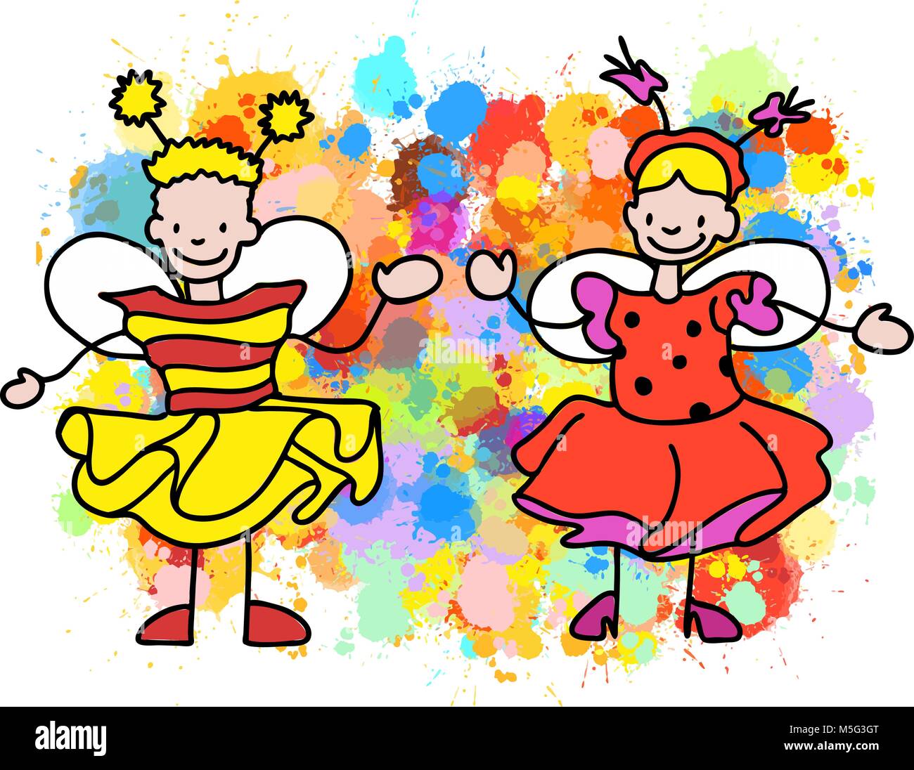 Stickman Kids Bee e Ladybug, schizzi tracciati a mano scarabocchi in splendidi abiti e costumi. Infanzia felice icone. Illustrazione Vettoriale