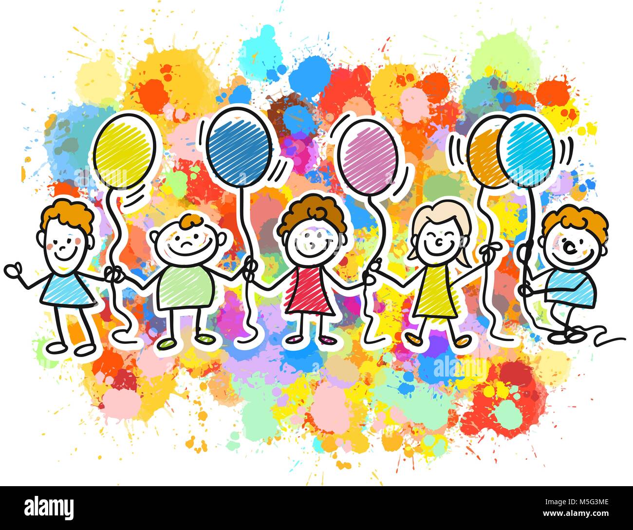 Contenti i bambini insieme con palloncini. Schizzi tracciati a mano scarabocchi in splendidi abiti e costumi. Infanzia felice icone. Illustrazione Vettoriale