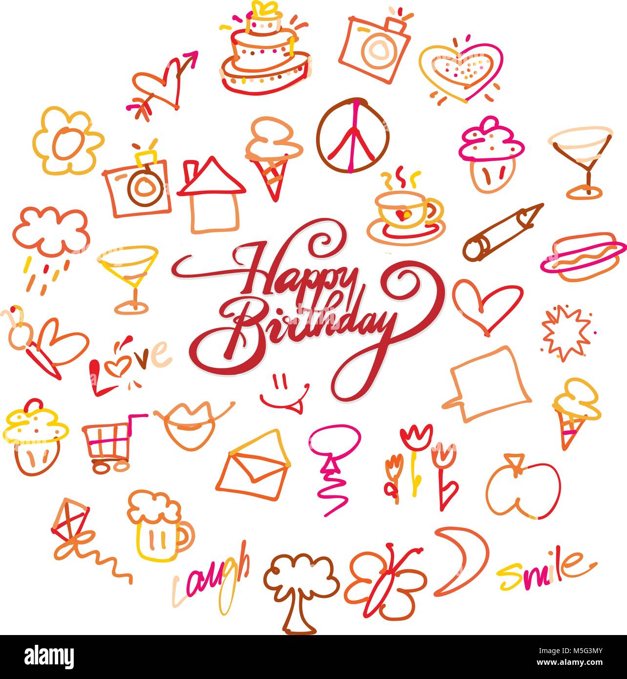 Buon compleanno di scritte e scarabocchi. Schizzi tracciati a mano. Infanzia felice icone. Illustrazione Vettoriale