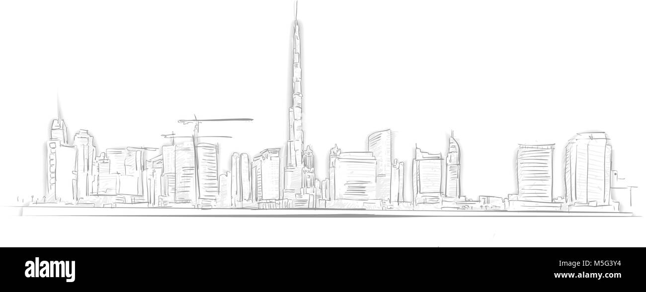 Skyline di Dubai Landmark Sketch. Line Art disegno a mano. Travel design, architettura icona per biglietto di auguri, vettore sfondo. Illustrazione Vettoriale