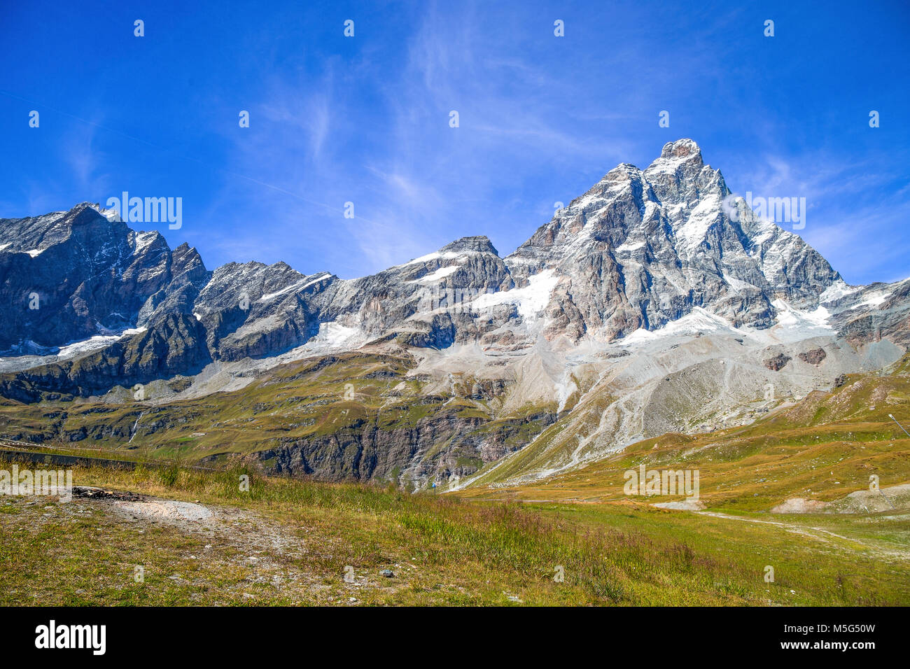 Monte Cervino (Matterhorn) visto da Plan Maison, Breuil-Cervinia, Val d'Aosta, Italia. Foto Stock