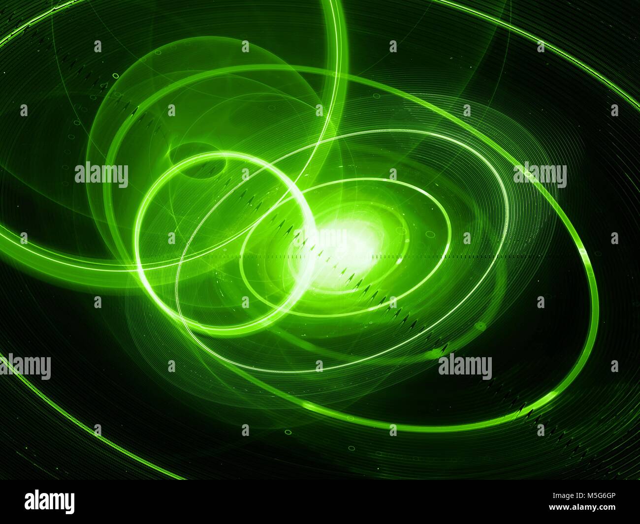 Incandescente verde exosolar sysem planetario con planet traiettorie, generato dal computer sfondo astratto, rendering 3D Foto Stock