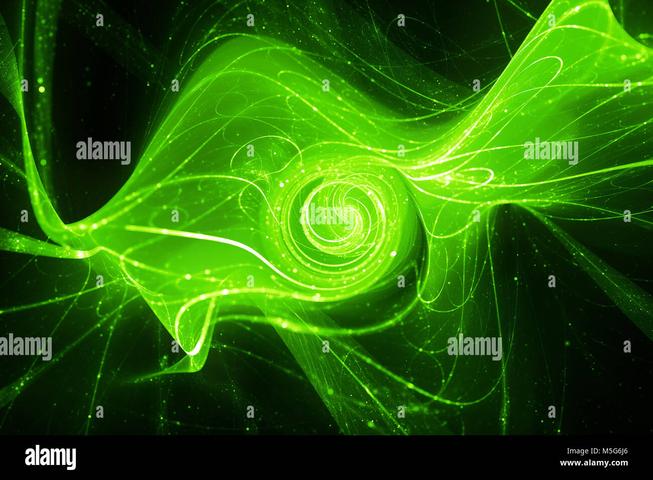 Magica incandescente verde frattale a spirale con traiettorie, generato dal computer sfondo astratto, rendering 3D Foto Stock