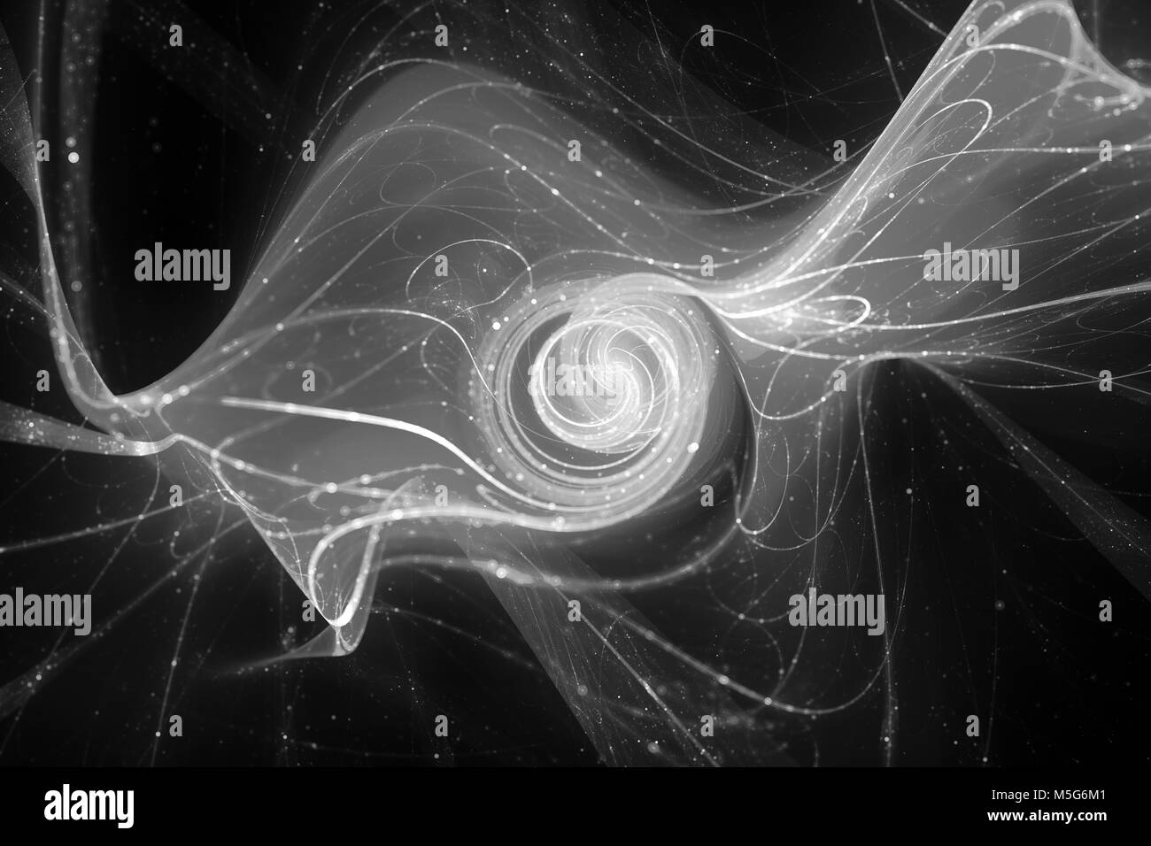 Futuristico spirale incandescente con le particelle e le traiettorie in bianco e nero, generato dal computer texture astratta per sovrapposizione o schermo, effetto 3D Arcavacata di Rende Foto Stock