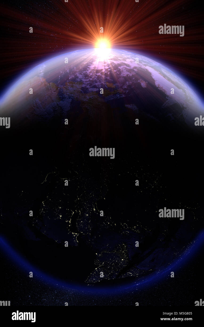 3D rendering di un tramonto sul pianeta terra Foto Stock