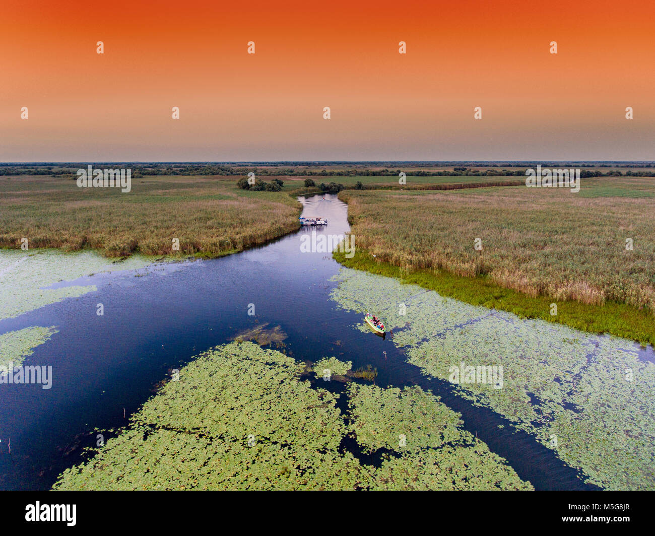 Il Delta del Danubio al tramonto vista aerea Foto Stock