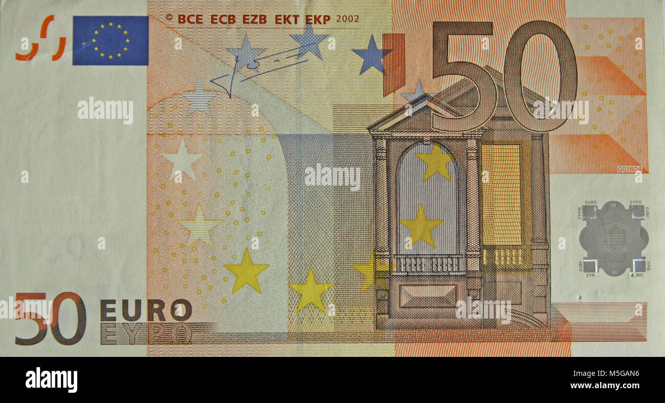 Close-up delle facce di una cinquantina di banconote in euro Foto Stock