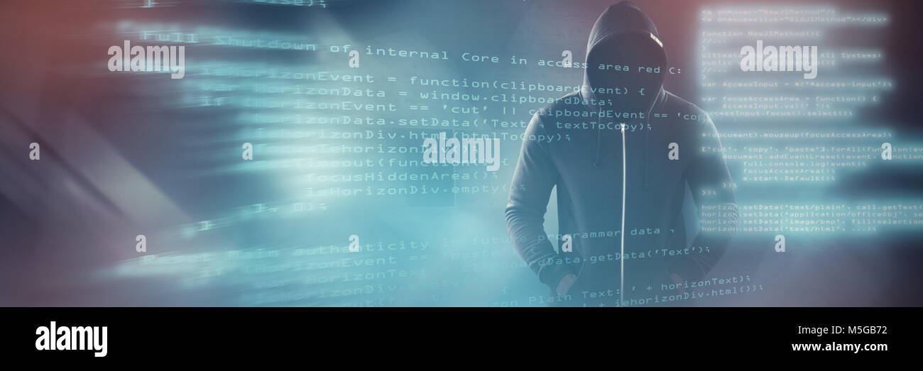 Immagine composita dei maschi di hacker in felpa con cappuccio nero in piedi Foto Stock