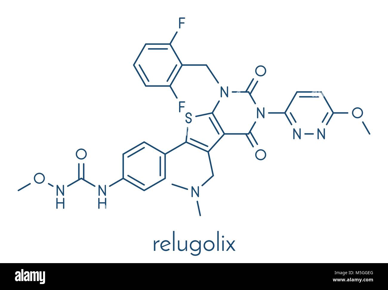 Relugolix molecola di farmaco (di ormone di rilascio di gonadotropina antagonista del recettore). Formula di scheletro. Illustrazione Vettoriale