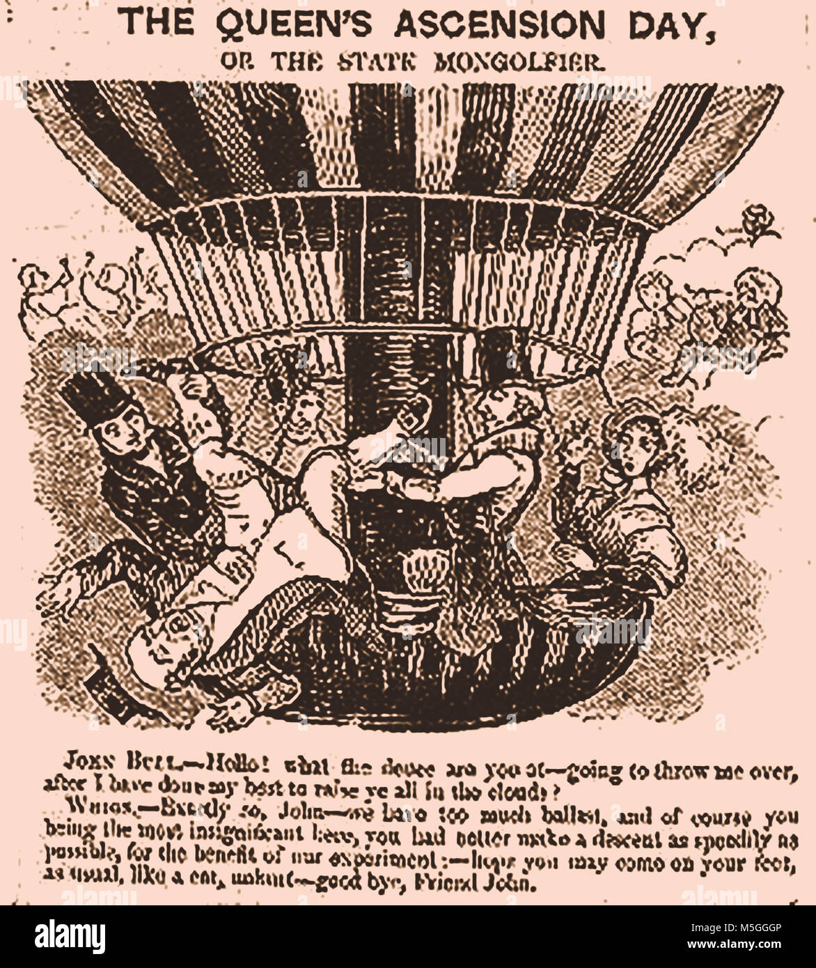 Aeronautica storico, palloncini e macchine volanti - Una vittoriana inglese cartoon politico che mostra John Bull essendo affossato da un palloncino per il Partito Whig Foto Stock