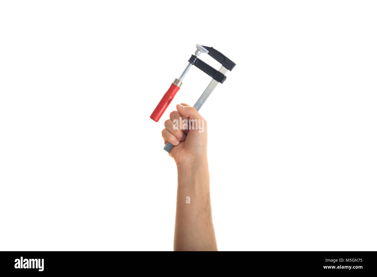 Mano con un morsetto, su sfondo bianco Foto Stock