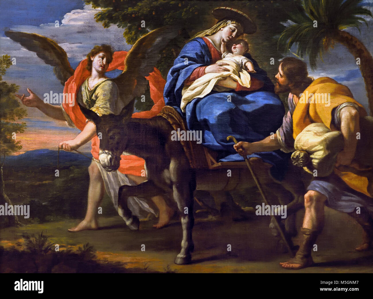 Volo in Egitto 1712 artista Antonio Palomino (1653–1726) 17/18th,secolo, Spagna, Spagnolo,( volo in Egitto, San Giuseppe, ,Vergine Maria , Gesù Bambino fuggì in Egitto, per salvare quest'ultimo, ucciso da re Erode il Grande, ) Foto Stock