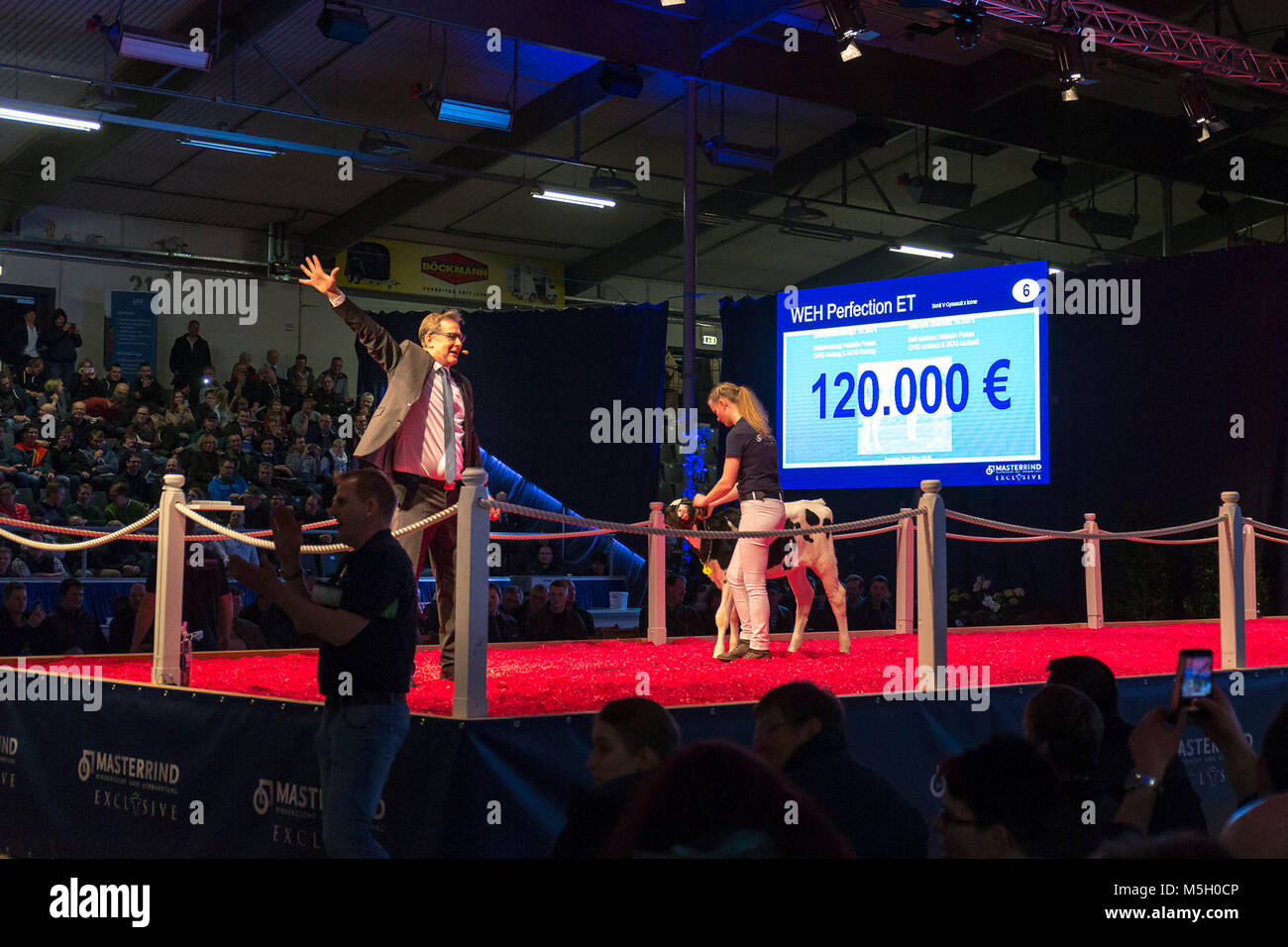 Dispensa - 21 febbraio 2018, Germania, Verden: banditore Michael Hellwinkel segnala l'accettazione di un'offerta da un allevatore olandese, che hanno offerto 120 000 euro per un vitello. Foto: Anniko Henschken/Masterrind/dpa - Achtung: Nur zur redaktionellen Verwendung im Zusammenhang mit der aktuellen Berichterstattung und nur mit vollständiger Nennung des vorstehenden Credits Foto Stock