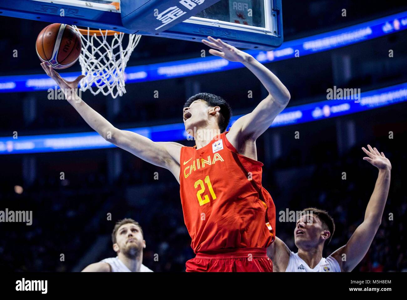 Il Dongguan, Dongguan, Cina. Il 23 febbraio, 2018. Il Dongguan, Cina-23rd Febbraio 2018: Nuova Zelanda della squadra di Pallacanestro maschile della sconfigge la squadra cinese 82-73 al 2019 basket FIBA per la qualificazione della Coppa del Mondo in Asia in Dongguan, Cina del sud della provincia di Guangdong. Credito: SIPA Asia/ZUMA filo/Alamy Live News Foto Stock