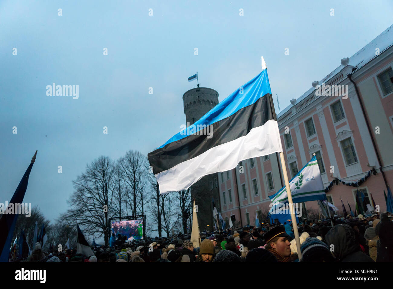 Tallinn, Estonia. Il 24 febbraio, 2018. La folla di gente celebra i suoi cento anni di indipendenza dell'Estonia presso il castello di Toompea nella città vecchia. Credito: uskarp/Alamy Live News Foto Stock