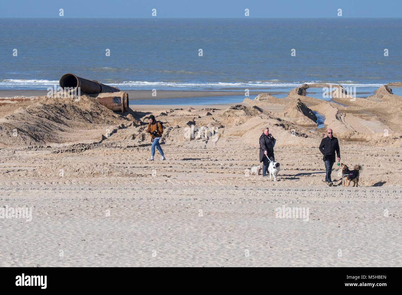 I proprietari di cani a piedi i loro cani sulla spiaggia durante il rifornimento di sabbia / spiaggia nutrimento progetto per rendere più ampie spiagge presso la costa belga Foto Stock