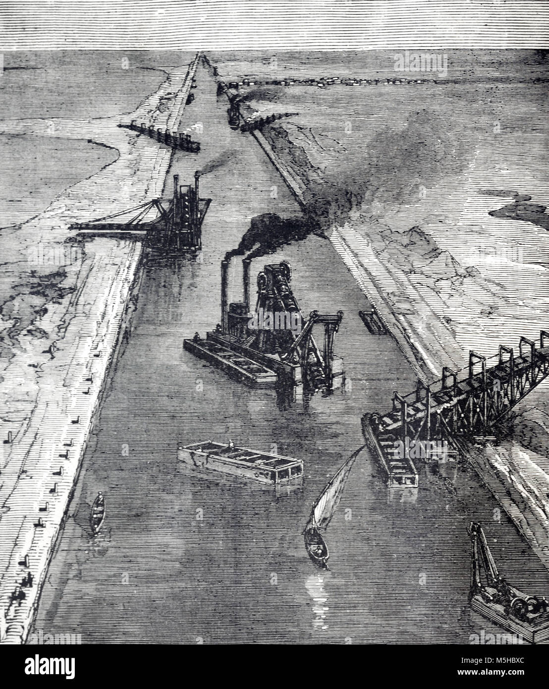 Di costruzione e di dragaggio del canale di Suez, Egitto (incisione, 1889) Foto Stock